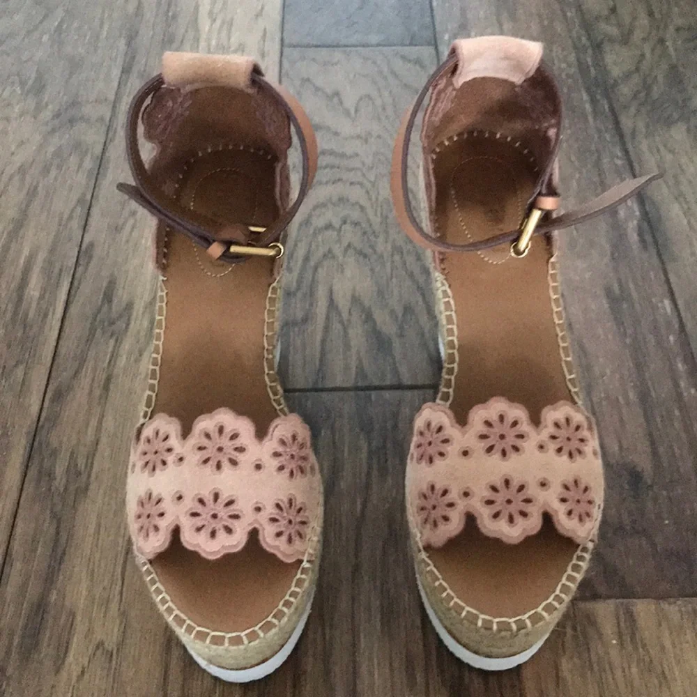 See By Chloé Pink Floral Suede Espadrille Wedge Sandals